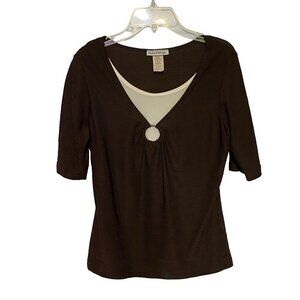 Bleeker & McDougal Textured Stretch Knit Brown and White Short‎ Sleeves Top with